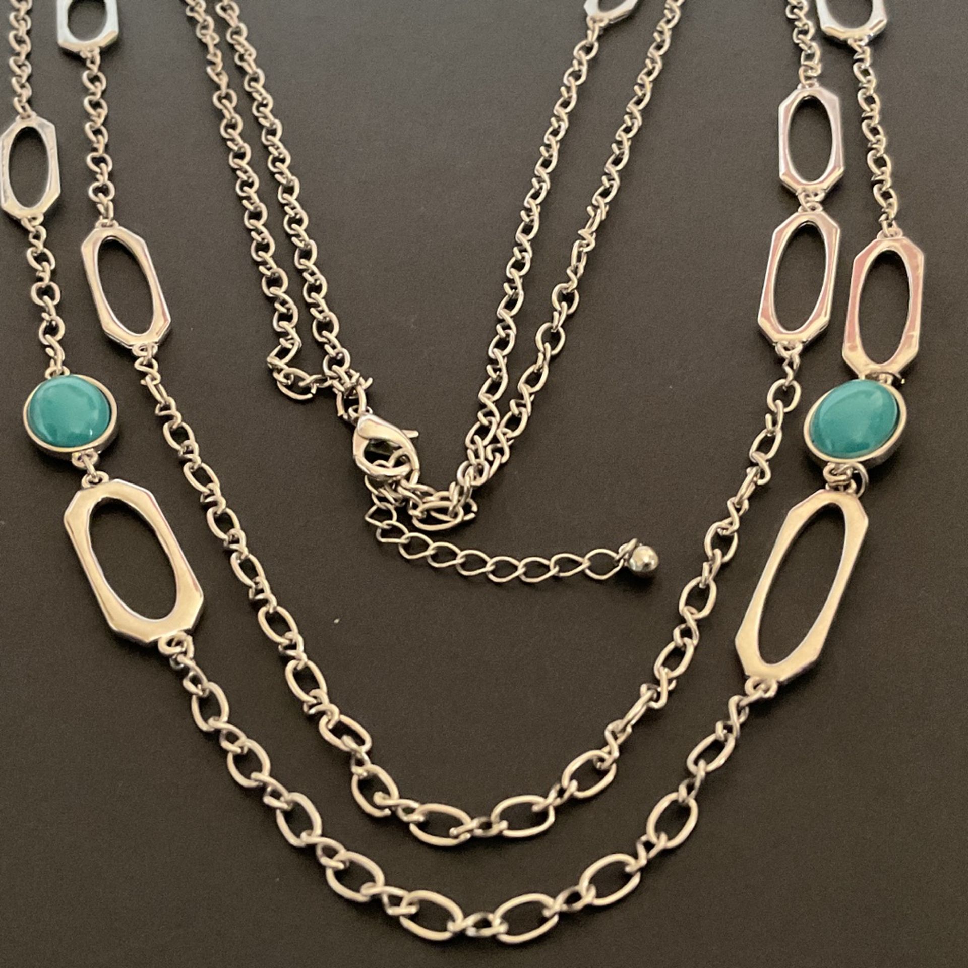 60” SilverTone Link Necklace With Turquoise Stones