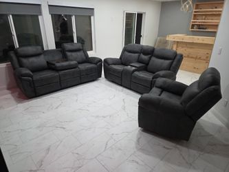 Brand New 3 Pcs Sofa, Love Seat & Chair Glidder Recliner Lestherette Grey $1399