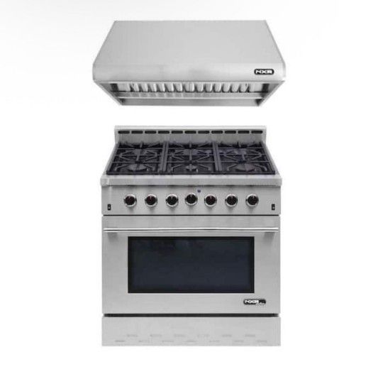 NXR Entree Bundle 36 in. 5.5 cu. ft. Pro-Style Gas Range with Convection Oven and Range Hood in Stainless Steel and Black