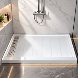 VRS6036-L ，Solid Surface Shower Base with Recessed Trench Side Including Stainless Steel Linear Cover, 60" L x 36" W × 4" H,Left Drain White Color