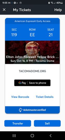 Elton John - Sun 10/16 - 1 Ticket Thumbnail