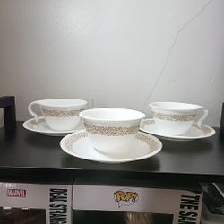 3 Corning Corelle Cups & Saucer Set Woodland White Brown Floral Pattern Vintage
