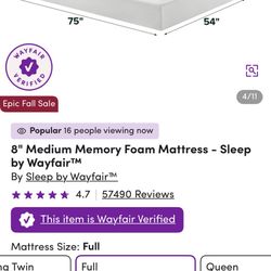 Wayfair 8” Memory Foam Full Bed Mattress
