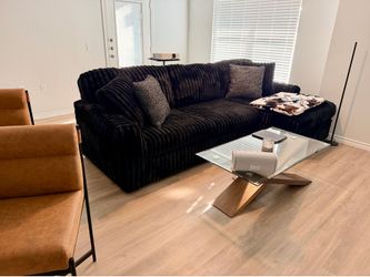 Black Plush Sofa chaise with glass coffee table