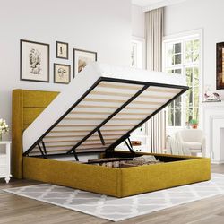Queen Size Lift Up Storage Bed, Modern Wingback Headboard, Hydraulic Support, No Box Spring Needed, Olive Yellow
