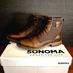 Sonoma Men's Brown Leather Boots Size 9 Lace-Up Zip Casual Rugged Work Style