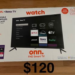Onn Smart TV 43 Inch Roku 1080P Brand New Sealed In Box. PRICE IS FIRM. CASH ONLY. NO TRADES. For pickup in Carrollwood 