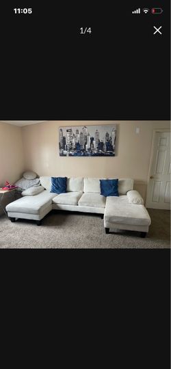 White Fabric Sectional Sofa with Double Chaise