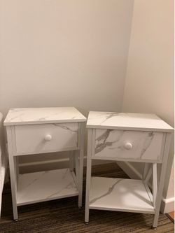 Set of 2 White Faux Marble Nightstands / Side Tables with Drawer & Shelf