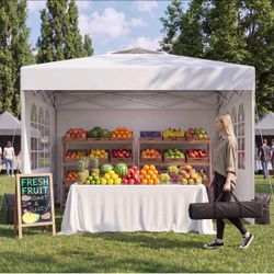 10x10 One Push Pop Up Canopy Tent with Vented Roof, White UPF 50+ UV Protection, 210D Waterproof Fabric, 3 Removable Sidewalls, Steel Frame, for Campi