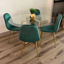 Elegant Round Dining Set Tempered Glass Gold Chrome 4 Chairs