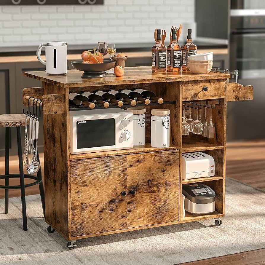 Rolling Kitchen Island Cart with Drop-Leaf and Wine Rack, Microwave Rack Serving Cart on Wheels with Drawer & Shelves & Spice Rack & Cup Hanging, Vint