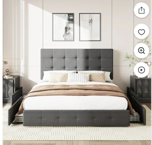 Queen Size Platform Bed Frame with 4 Storage Drawers and Headboard, Square Stitched Button Tufted, Mattress Foundation with Wooden Slats Support, No B