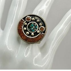 Tibetan  silver tone  coral and turquoise  round ring 