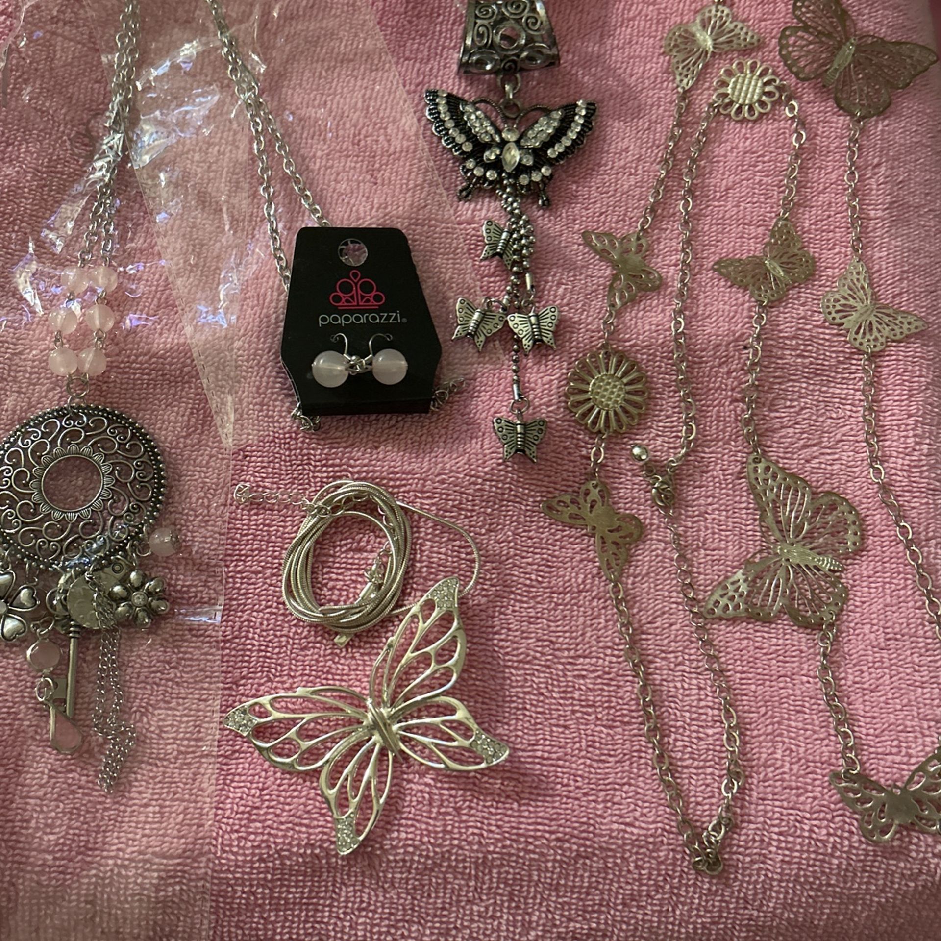 Butterfly Long Necklaces, Pink And Silver Necklace With Charms Lot