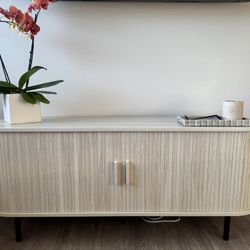 Modern Wood TV Stand/Console with Storage, Shelves + Outlet