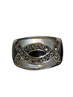 Silver black stone ring #32617