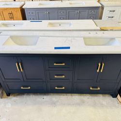 72 in. Double Sink Bath Vanity in Navy Blue with White Top $1099 
