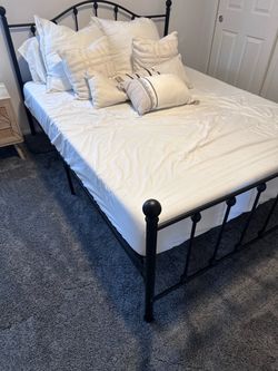 Queen metal bed and mattress