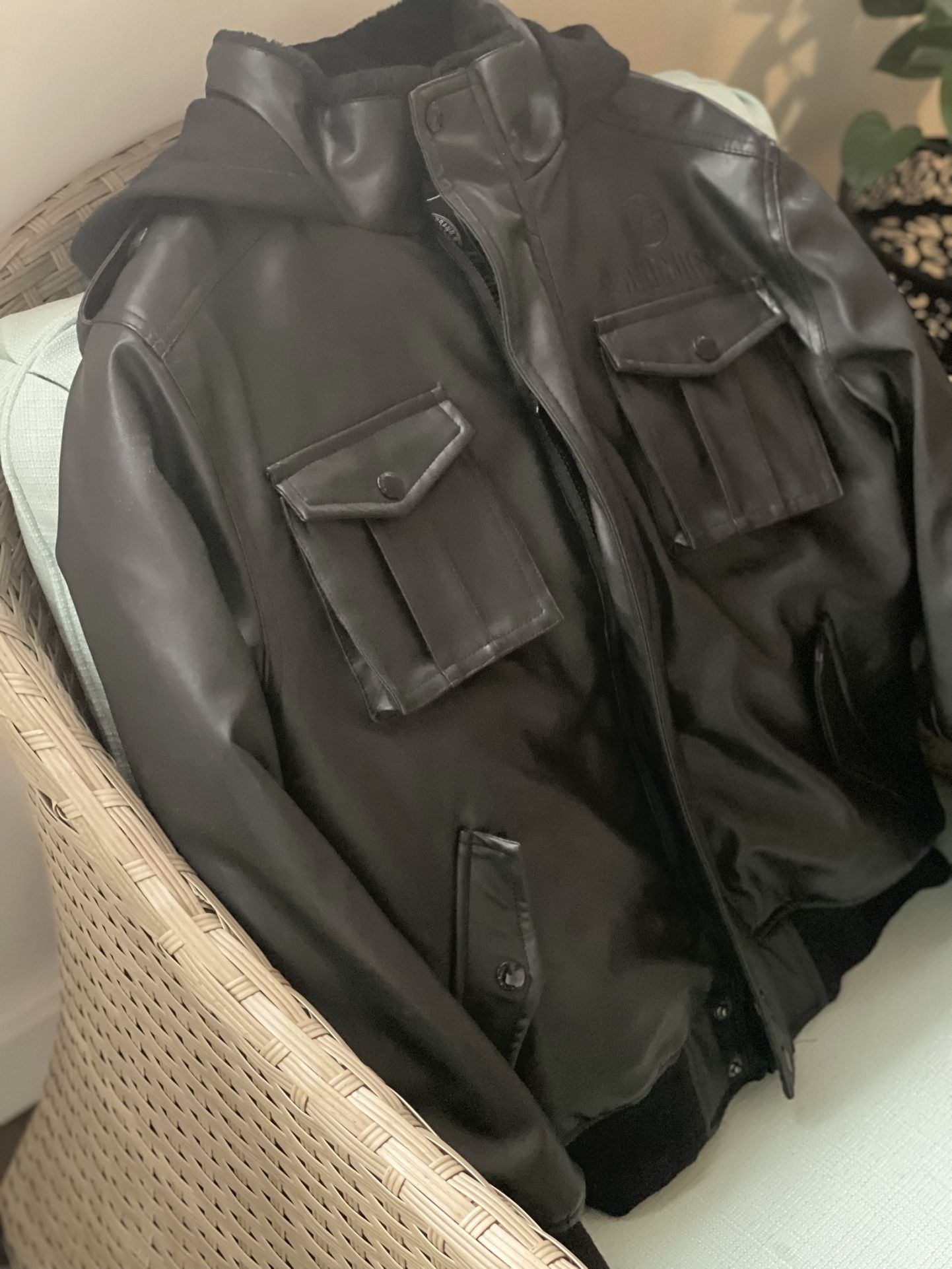 Youth Black Faux Leather Bomber Jacket with Hoodie β New (Medium)