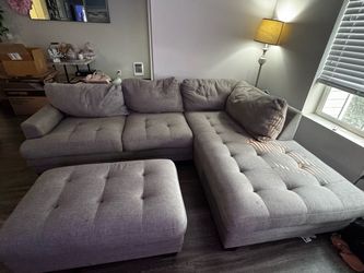 Gray Tufted Sectional Sofa with Ottoman