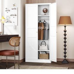 Letaya Wardrobe Armoire Closet,72" H Metal Storage Cabinet with Adjustable Shelves and Hanging Rod,Bedroom Armoire Cabinet Clothes Organizer (White)
