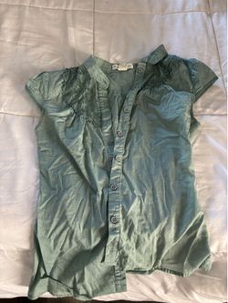 vintage forever 21 Green button up blouse with ruffles and lace details