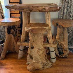 Rustic Teak Table & 3 Stools