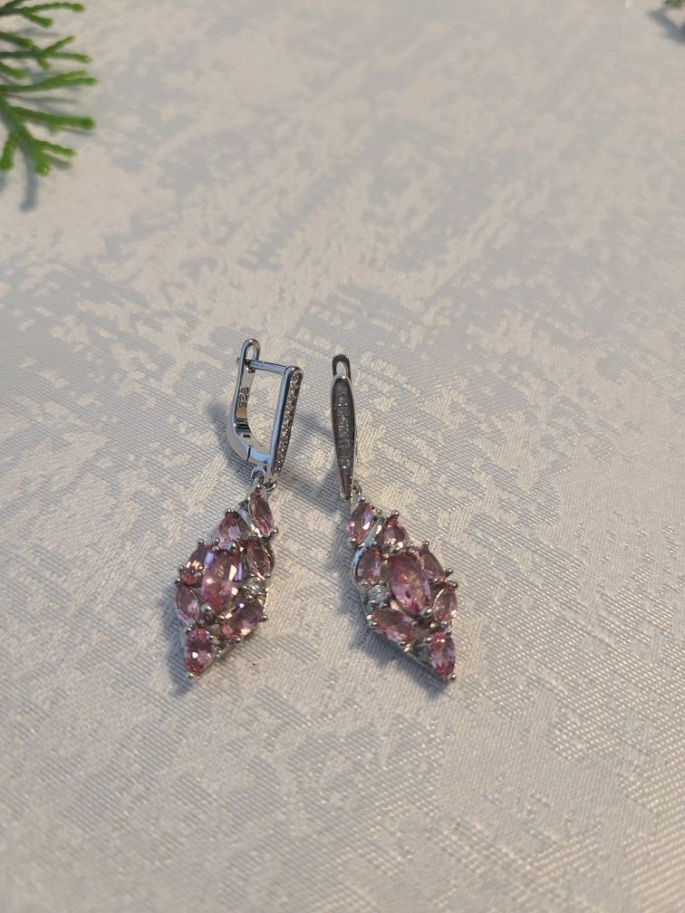Beautiful created pink amethyst silver filled earrings