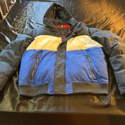 Tommy Hilfiger Men's L Hooded Colorblock Puffer Bomber Jacket Navy Blue / White