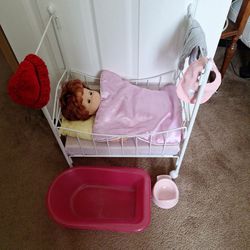 Metal Wire 18 In Doll Bed On Casters, Tub , Potty