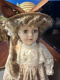Antique Blinking Doll And Display Case
