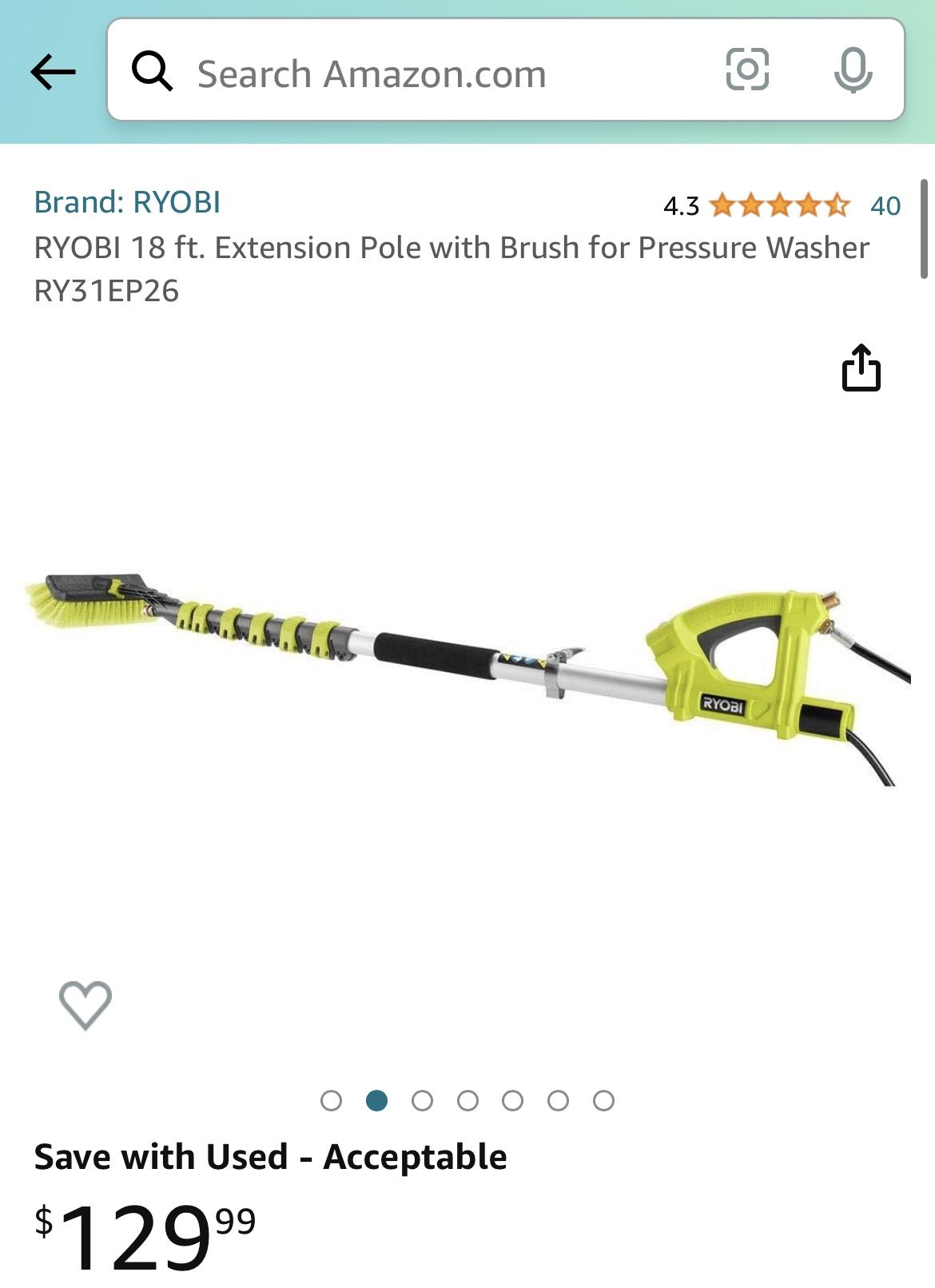 RYOBI 18 ft. Extension Pole with Brush for Pressure Washer RY31EP26