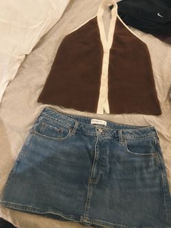 bercrombie & Fitch Denim Skirt + Stretch Knit Top Set 🤎🤍