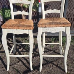 Pair of Cream Carved Wood Woven Seat Bar Stools 47"
