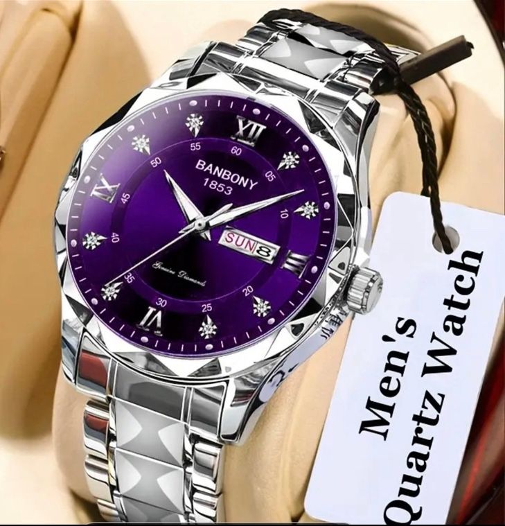 Banbony Stainless Steel Strap Men'S Roman Numerals Dial Rhinestones Multifunctional