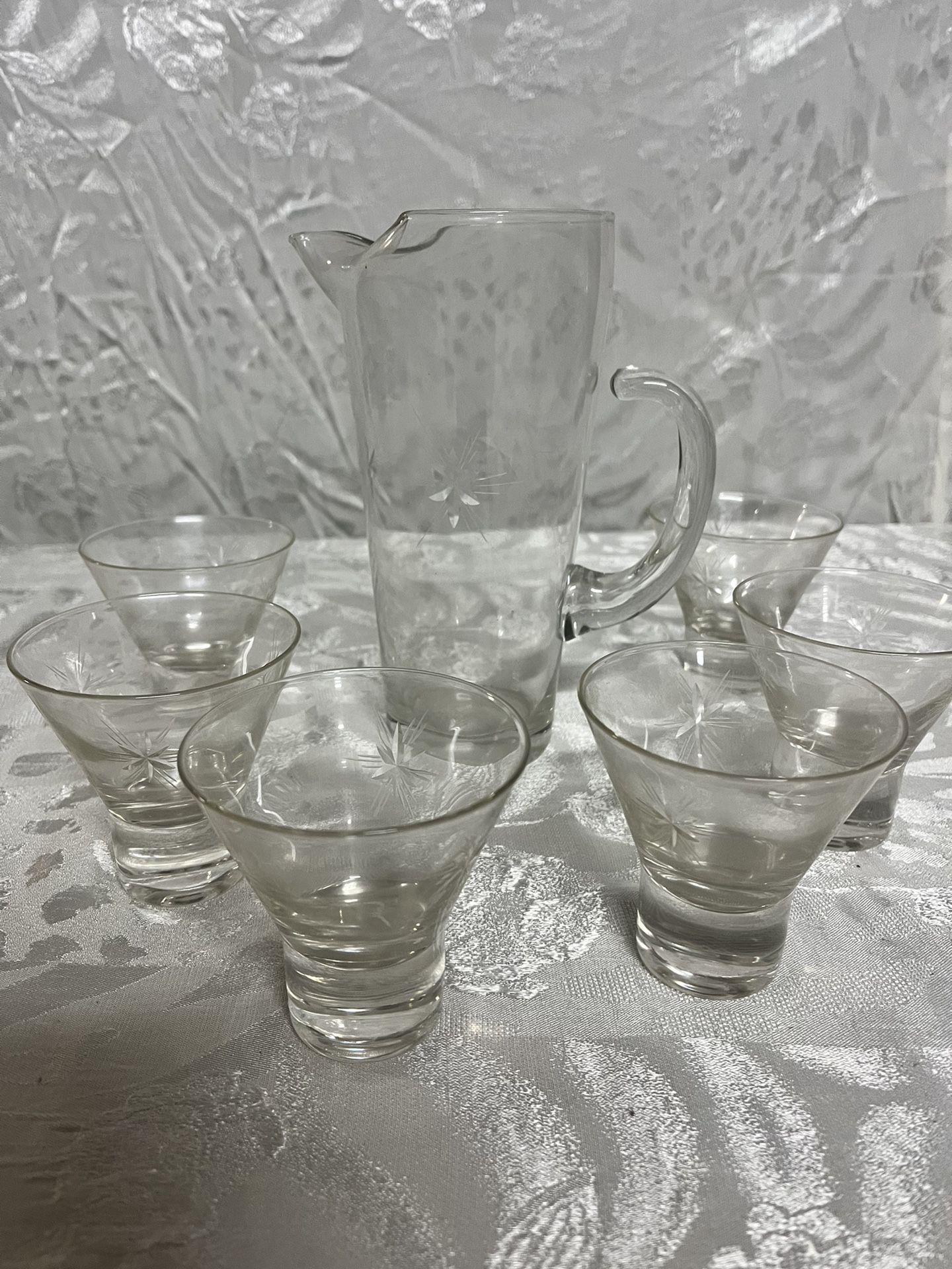 Vintage Clear Glass Cocktail Pitcher & Glasses
