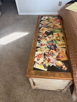 Vintage Wood Chest with Pin-Up Art Top