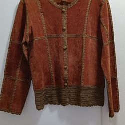 Genuine Suede Leather Button Patchwork Women's Top