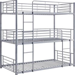 Metal Triple Bunk Beds, Twin Size, Gray Color