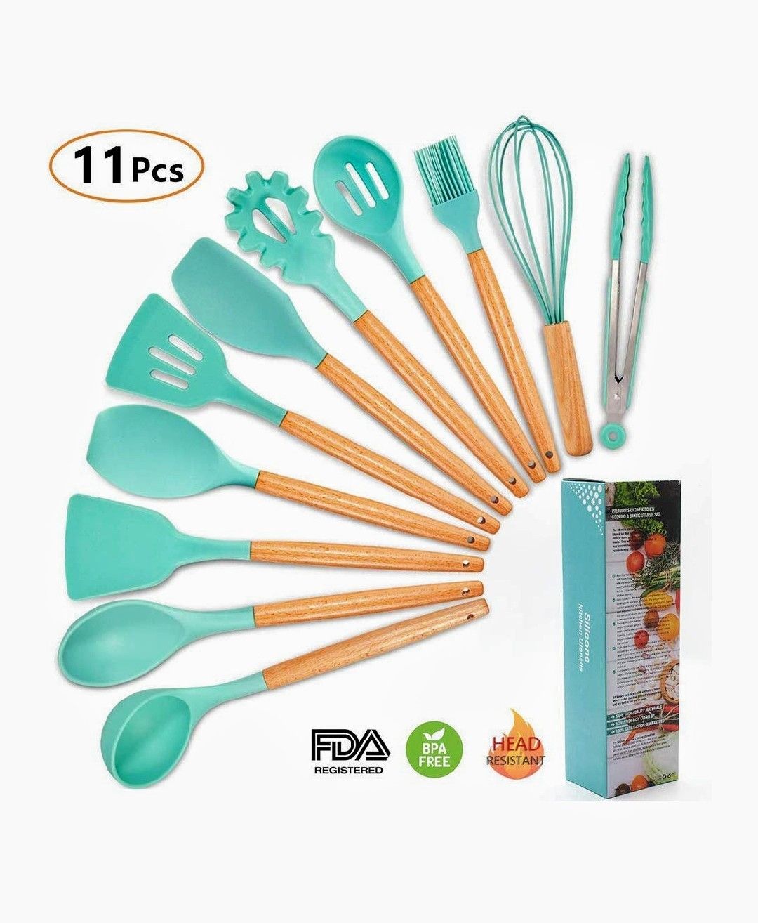 11PCS Silicone Cooking Utensils Kitchen Utensil Set with Wooden Handles, BPA Free Nonstick Non-Scratch and Heat Resistant Cookware Set Great Kitchen