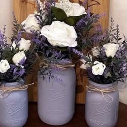 LAVENDER WHITE ROSES chalk painted distressed mason jars faux flowers floral