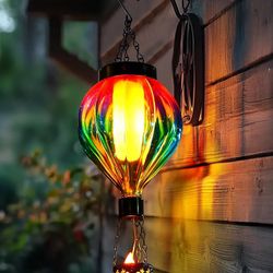 Hot Air Balloon Hanging Solar Lantern Outdoor Waterproof with Flickering Flame Gifts for Women Grandma Mom Glass Hanging Solar Lights Decorative for O