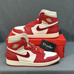 Women Air Jordan Retro 1 Og High  Iron Ore/ Varsity Red Sail Size 10.5 Men’s Preowned 