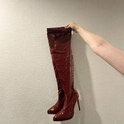 New Over The Knee Leather Style Boot In Burgundy Red 