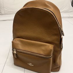 Coach Leather Backpack – Camel Color with Fabric Straps