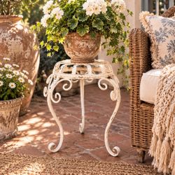 Vintage Small French Country Distressed Metal Plant Stand Stool Retro Rusty Rustic Weathered 