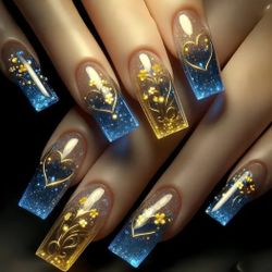 24-pcs. Blue & Golden Glitter Hearts/Floral Design Press-On Nails