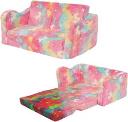 Elevon Toddler Couch – 2-in-1 Soft Sofa Chair, Flip-Open Convertible Sleeper, Glowing Rainbow