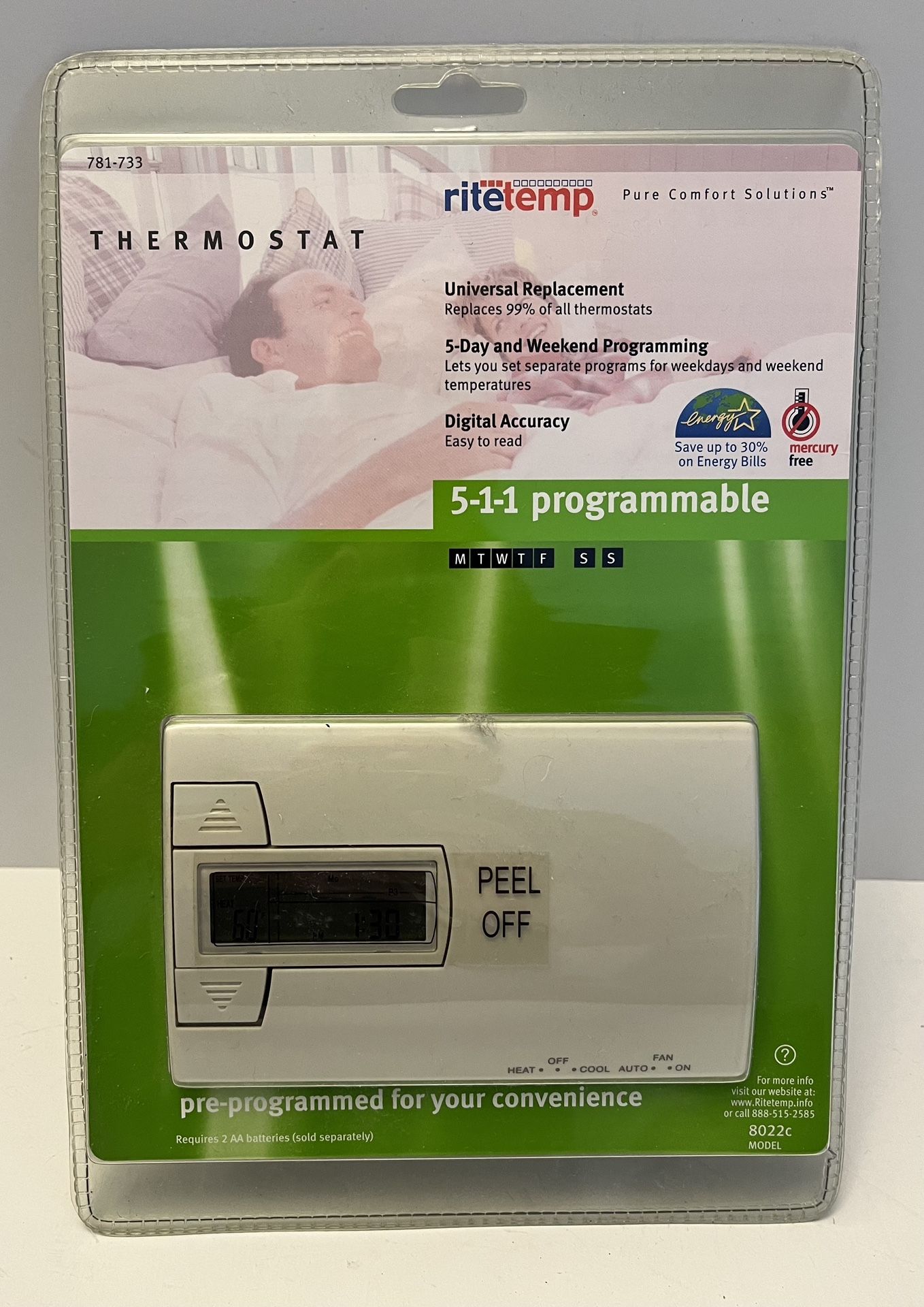 Ritetemp 5-1-1 Programmable Thermostat Model 8022c 5-day+Weekend